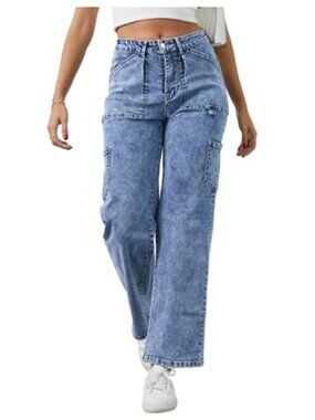 Stretch Cargo Jeans High Waist Straight Wide Leg Comfort Denim Pants